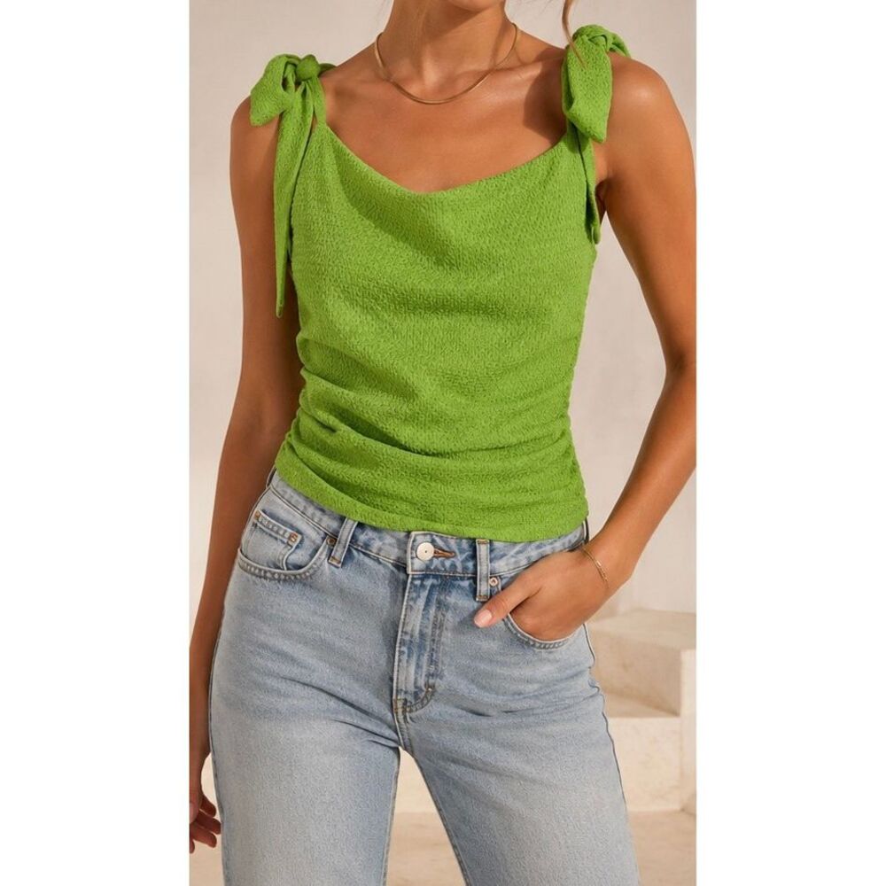 NWT ASTR The Label Lora Top Size S Green Textured Tie Shoulder Y2K